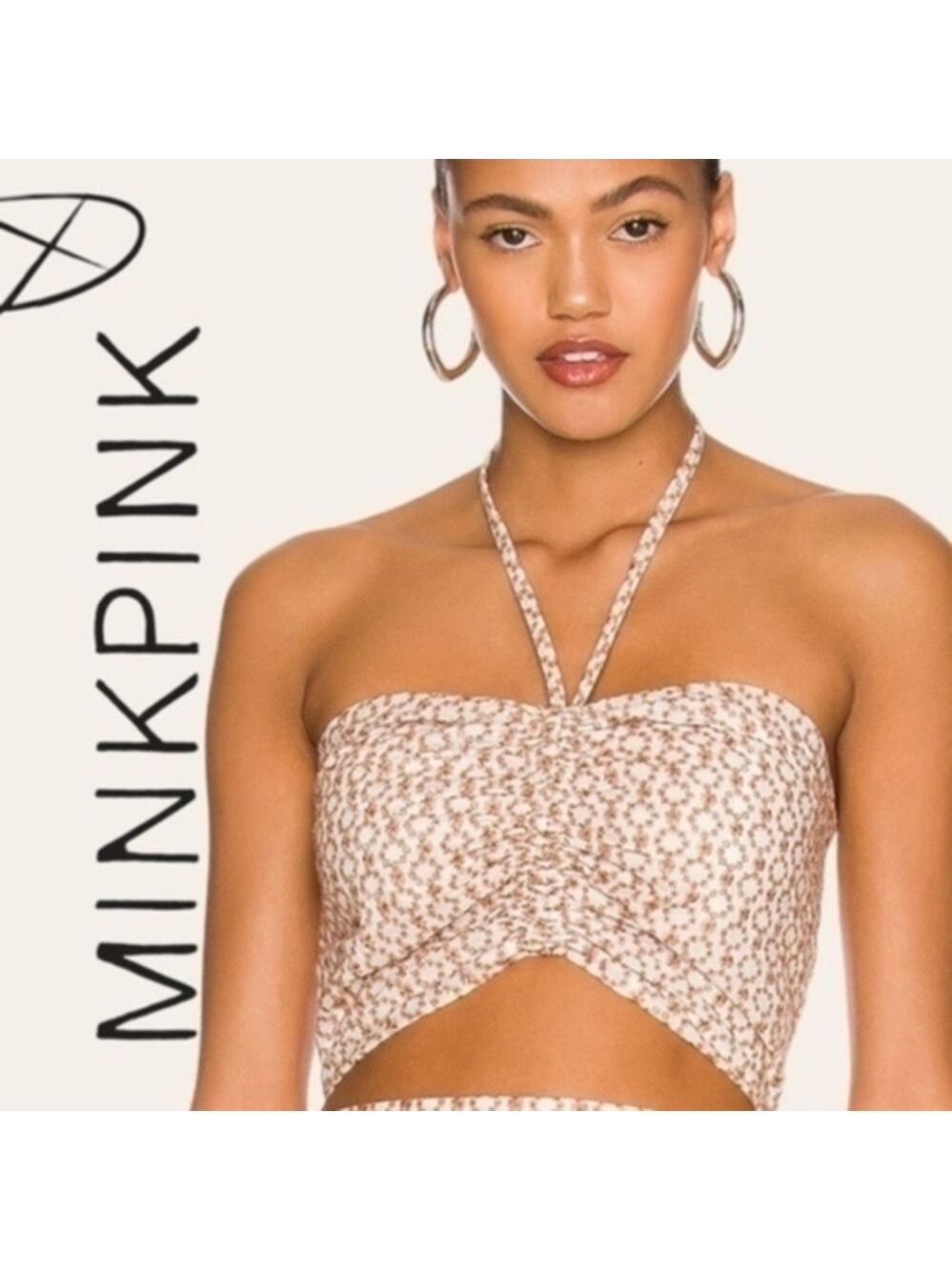 MINKPINK Women's Tanjil Embroidered Zip Up Ruched Front Halter Top/NWT-LG